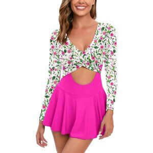 Nesy Size Medium Skirt Swimsuit One-Piece Rash Guard Floral & Pink UPF 50+